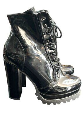 Liliana Black Patent Platform Lace-Up Block Heel Boots Sz 8